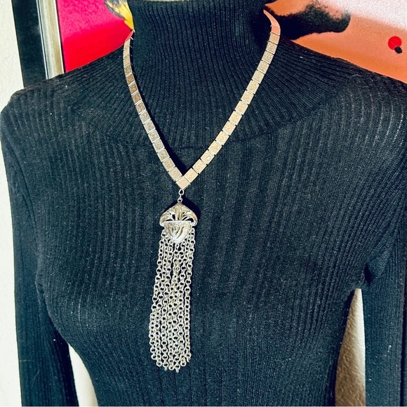 Vintage Necklace with Chain Tassel Y Texture Link Estate Jewelry Statement 1960s - Picture 3 of 14